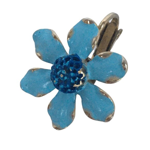 Signed Weiss Vintage Clip On Earrings Enamel Flowers Vintage Gold Tone Lt Blue - Picture 3 of 10